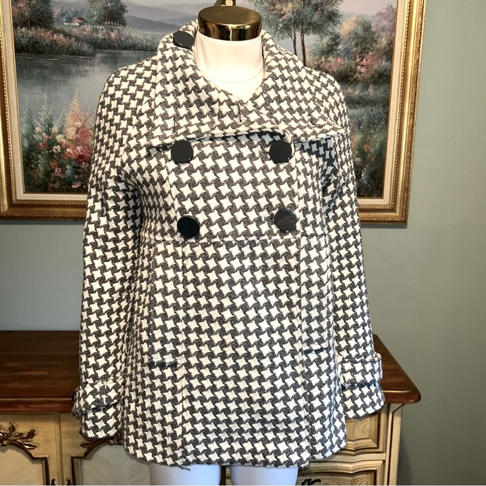 Steve Madden Gray & White Houndstooth Wool Blend Double Breasted Pea Coat